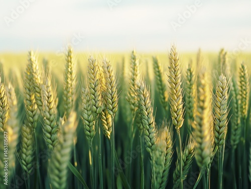 Obraz na płótnie A field of golden wheat with a clear sky in the background. The image depicts an active farmland during the harvest season. w salonie