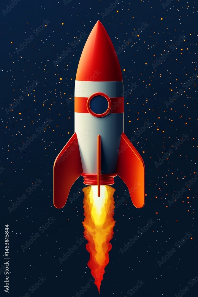 A vibrant digital artwork of a rocket launching from the ground into space against a starry night sky.