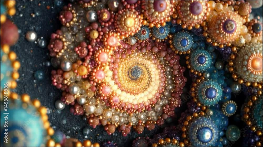 Vibrant galaxy-inspired swirl with colorful beads and intricate patterns on a dark background Vibrant galaxy-inspired swirl with colorful beads and intricate patterns on a dark background