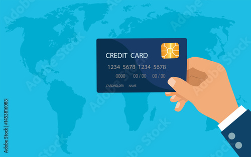 Vector flat style of Hand holding credit card on the world map background. symbol, illustration