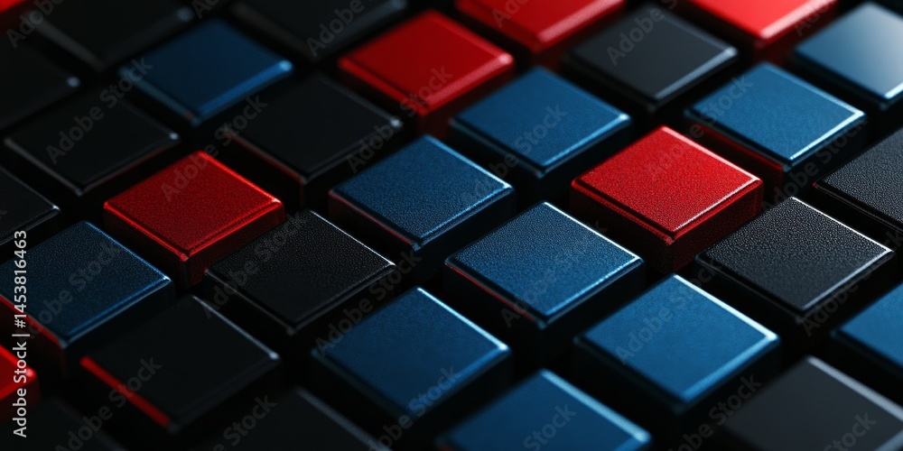 A collection of colorful puzzle blocks with a variety of red, black, and blue tones.
