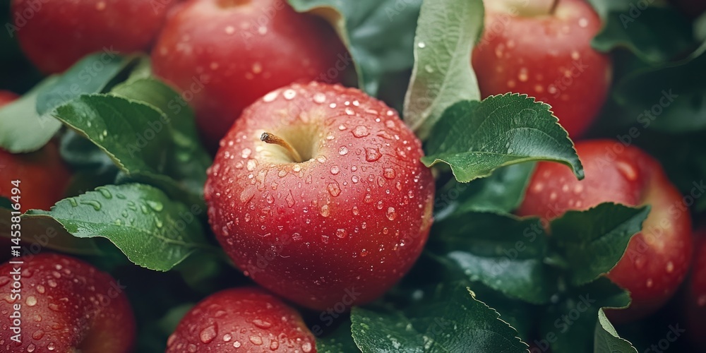 A close-up of fresh red apples with some dew on their surface, possibly at a market or farm.