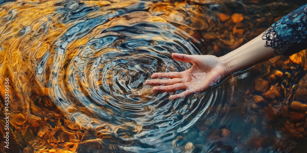 A hand is reaching into a body of water, creating ripples in the water. Concept of calmness and serenity, as the hand's gentle touch creates a peaceful scene. The water's surface reflects the light