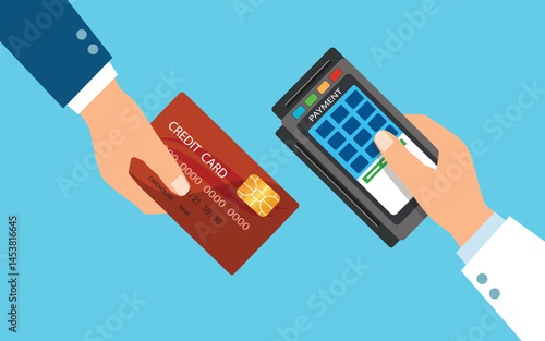 pay merchant hands credit card flat vector illustration payment edc electronic data capture transaction point of sales pos, vector, illutration