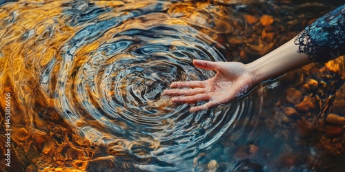 Obraz na płótnie A hand is reaching into a body of water, creating ripples in the water. Concept of calmness and serenity, as the hand's gentle touch creates a peaceful scene. The water's surface reflects the light w salonie