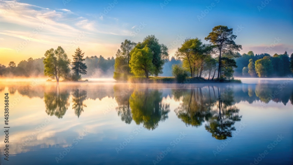 Obraz premium Early morning mist over lake surface with trees reflected in water , stillness, calm, stillness, calm, forest, tranquility