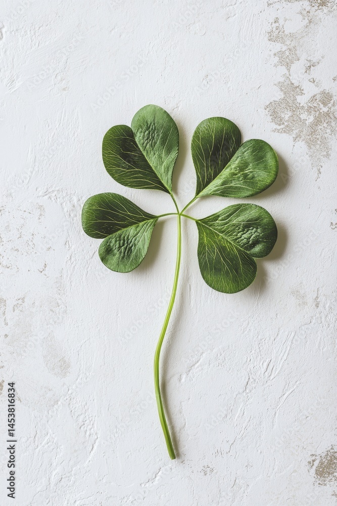 Fresh, green four-leaf clovers growing on a stem against white background.