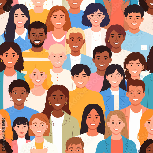 Diverse community of smiling people representing unity and multiculturalism in a bright and colorful illustration showcasing inclusivity and togetherness