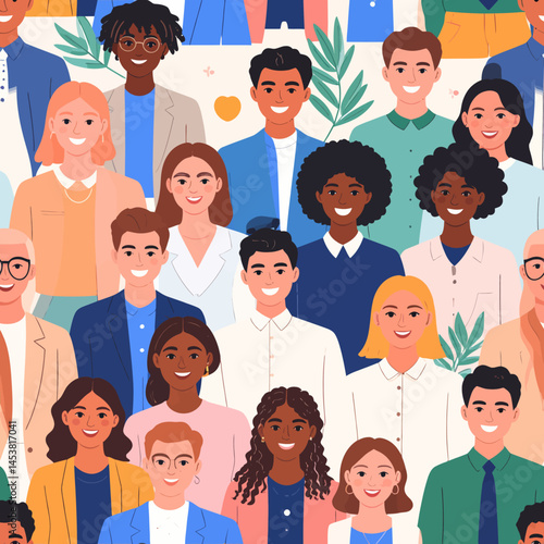 Diverse group of people smiling together in a seamless pattern representing community and teamwork perfect for corporate and social media use