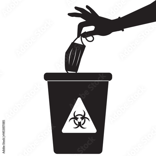 Medical waste concept.Hand holding and throwing away used medical mask into a trash bin with biohazard sign on it.Hospitals recycle container.Colorful vector flat illustration