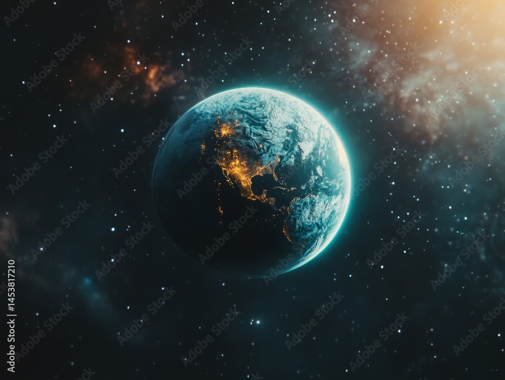 A blue planet with a bright orange and red sky. The planet is surrounded by a lot of stars