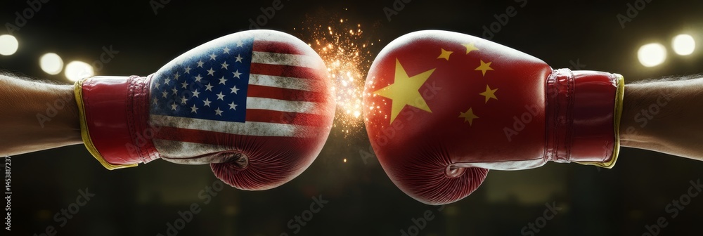 Two boxing gloves with the USA and China on them. The gloves are in the air and the USA glove is on top of the China glove
