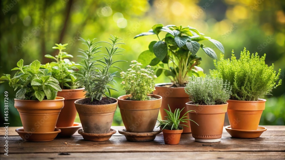 Fototapeta premium Herb garden in terracotta pots, plant arrangement, botanicals, plant arrangement, botanicals, greenery