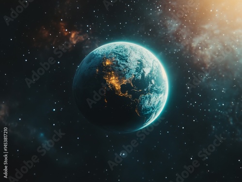 Obraz na płótnie A blue planet with a bright orange and red sky. The planet is surrounded by a lot of stars w salonie