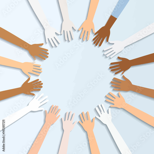 Diverse hands in a circle symbolizing unity, diversity, and global community reaching out in friendship and cooperation for a brighter future