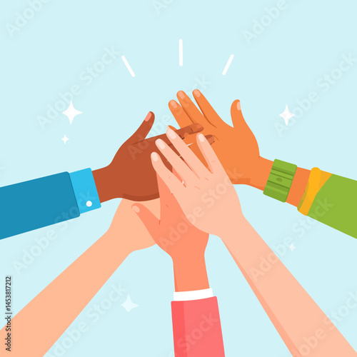 Diverse hands joining together in a high five representing teamwork collaboration and unity with bright light blue background and sparkling stars