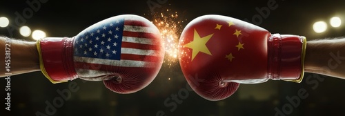 Obraz na płótnie Two boxing gloves with the USA and China on them. The gloves are in the air and the USA glove is on top of the China glove w salonie