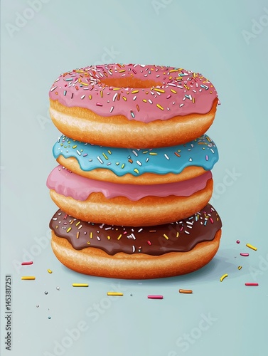 Obraz na płótnie Three stacked donuts with colorful sprinkles and glazes. Perfect for a party or as a sweet treat. w salonie