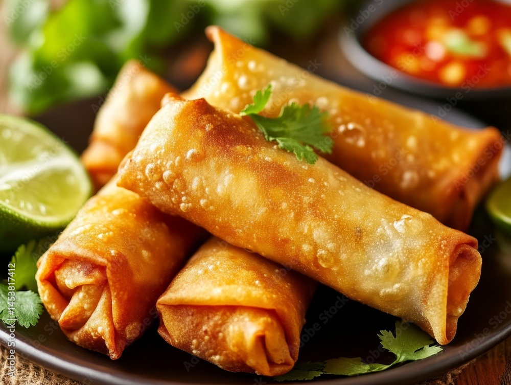 Fried spring rolls wrapped in wonton paper, served with spicy peanut sauce and fresh cilantro garnish.