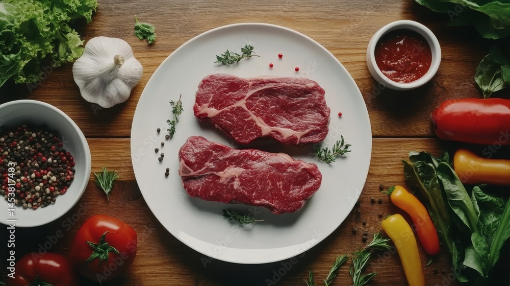 A mouthwatering grilled steak platter with seasonings, fresh vegetables and healthy ingredients. A delightful gourmet meal ready to be savored.