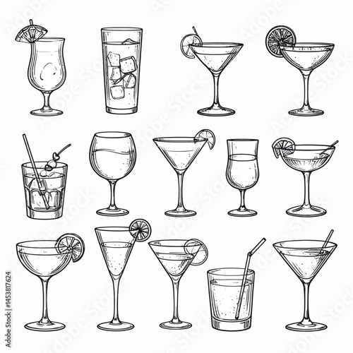 Elegant hand-drawn cocktail assortment featuring classic and modern drinks for celebrations and party invitations