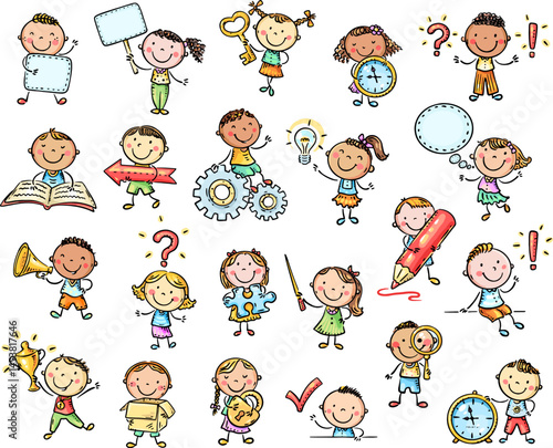 Kids education clipart set. Cute children with school things