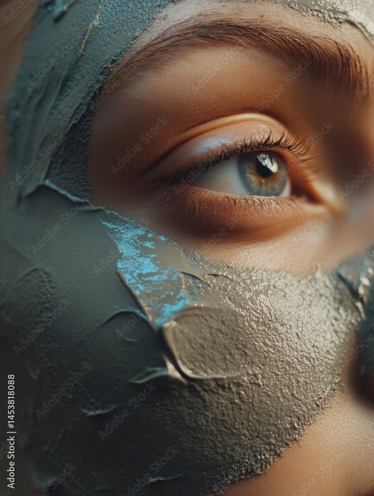 Close-up of a woman with a green clay mask on her face, promoting facial skin care, detoxification, and anti-aging benefits.