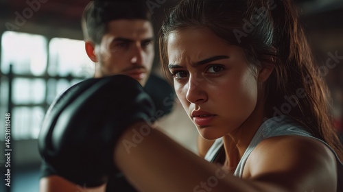 Obraz na płótnie Woman and man training together in a boxing gym. w salonie