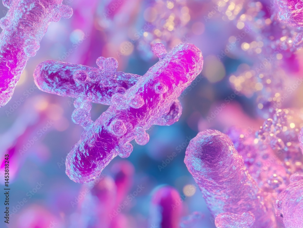Close-up of pink bacteria colonies under microscope lens. Vibrant purple and pink bacterial growth on surfaces. Cellular microorganism life in water and food.