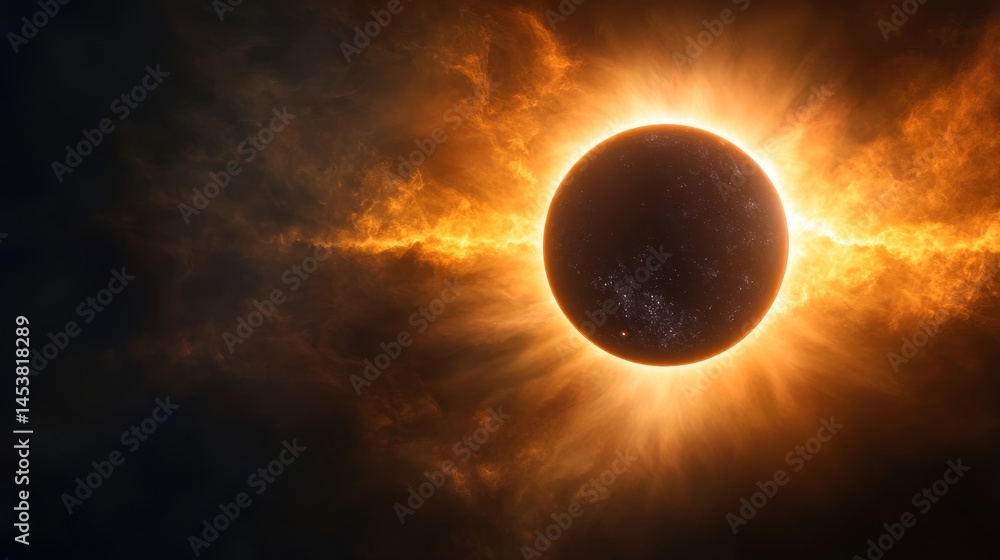 Epic view of a total solar eclipse in space with celestial bodies and cosmic elements.