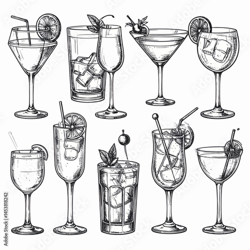 Hand drawn cocktail illustrations featuring a variety of popular alcoholic drinks for bar menus and party invitations