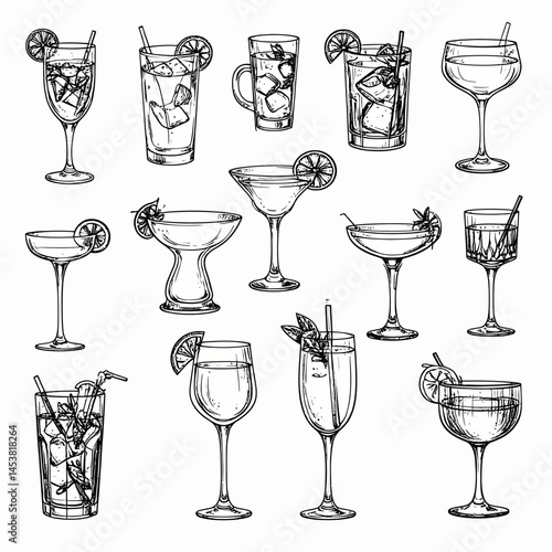 Hand-drawn cocktail set featuring various alcoholic beverages with citrus garnish and straws, perfect for bar menus