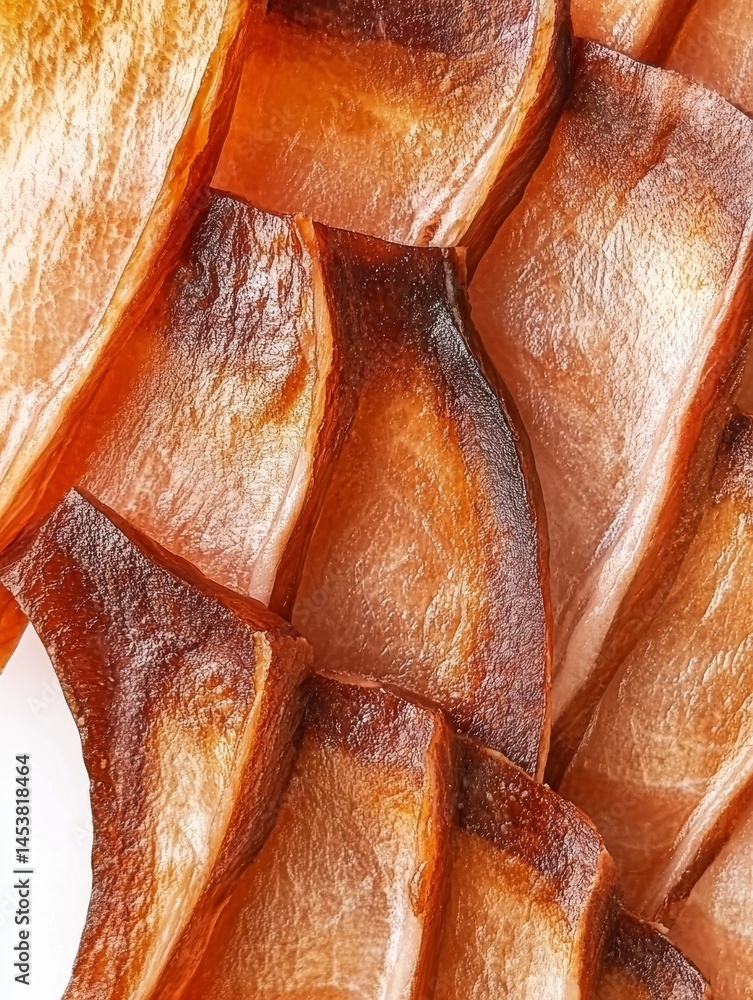 Bacon slices on a white plate, cooked to a crispy texture with the edges slightly browned. Great for a savory snack or meal component.