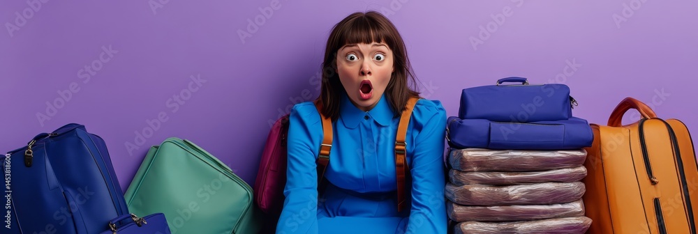 Woman with luggage, excited or overwhelmed by the amount of bags she has to carry.