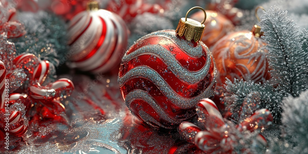 Colorful, painted christmas ornaments with shiny glitter and lights. Perfect holiday decorations or gifts for friends and family.