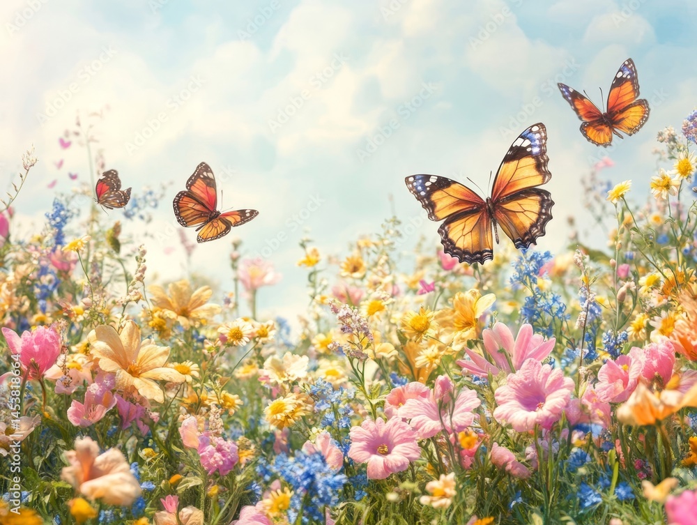 Vibrant butterflies flit through a lush, colorful flower field in springtime.