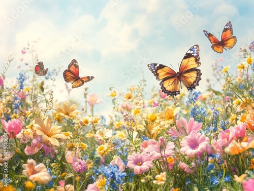 Obraz na płótnie Vibrant butterflies flit through a lush, colorful flower field in springtime. w salonie