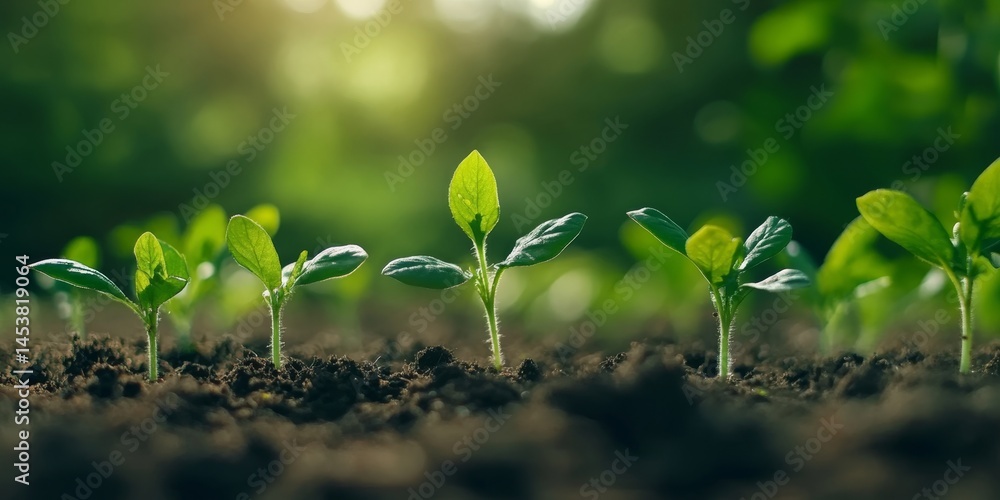 A bunch of small green plants are growing in the dirt. The plants are all different sizes and are growing in various directions. Concept of growth and life, as the plants are just beginning to sprout