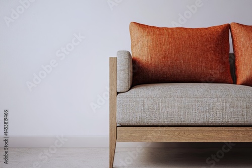 Obraz na płótnie This is a stylish, modern armchair featuring two textured pillows for added comfort. Its wooden frame and contemporary design make it an excellent choice for urban living spaces. w salonie