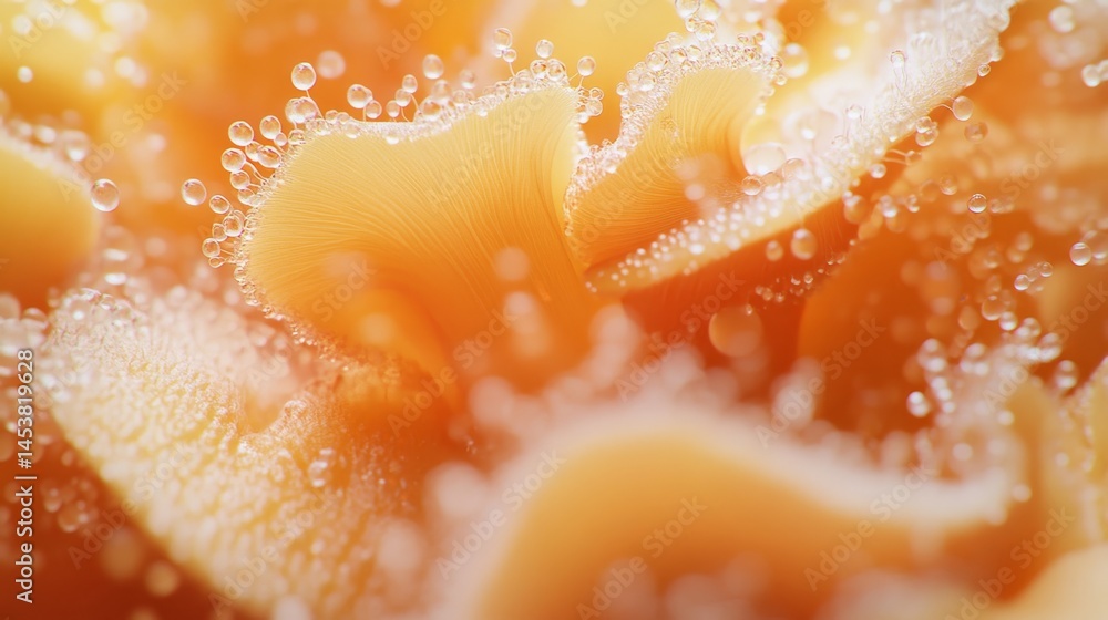 Macro close-up of water droplets on the petals of a yellow mushroom.