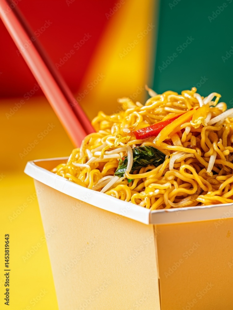 Bright and appetizing noodles with vegetables, served in a bowl with a vibrant sauce. Perfect for lunch or dinner at home.