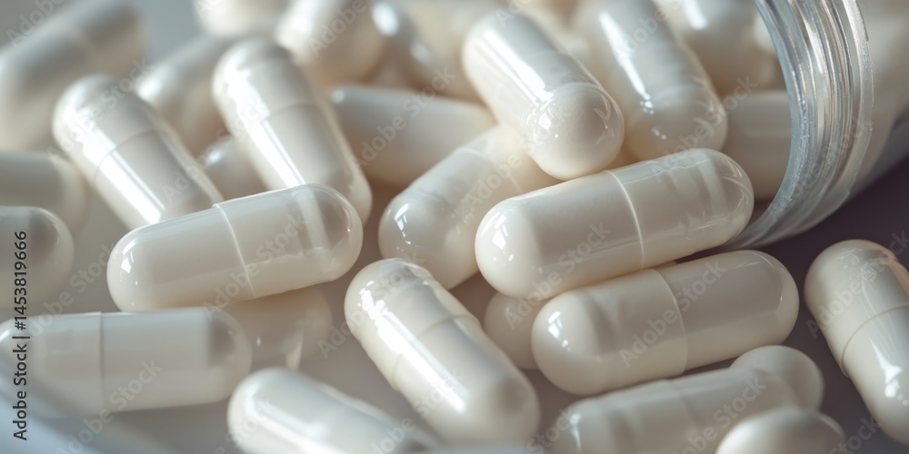 Many small white pills in a glass bottle, commonly used for medical purposes. Pharmacy and prescription concepts.