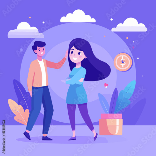 Illustration of a happy couple in a loving relationship with financial growth and positive vibes under a cloudy sky