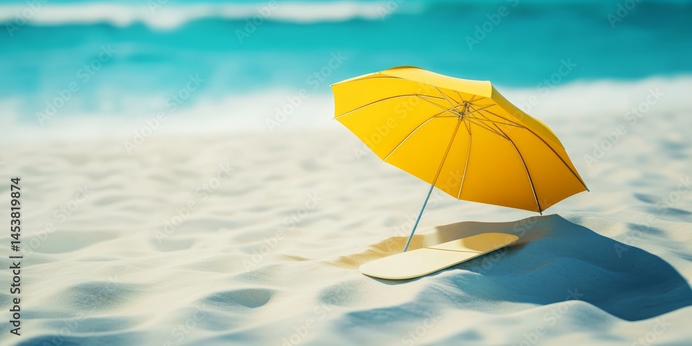 A bright yellow umbrella sitting in the sand on a beach, providing shade and adding to the relaxing atmosphere of a holiday by the ocean.