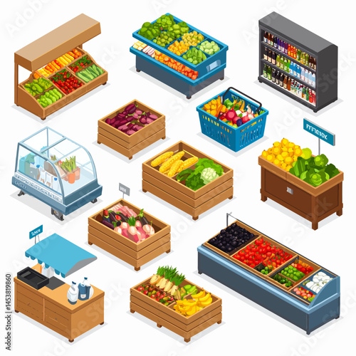 Isometric Grocery Store with Fresh Produce Display Shelves and Shopping Basket for Healthy Eating and Sustainable Choices