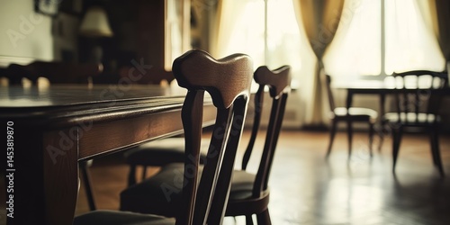 Obraz na płótnie Wooden chairs arranged around a dining table in a well-lit room, suggesting warmth and hospitality. w salonie