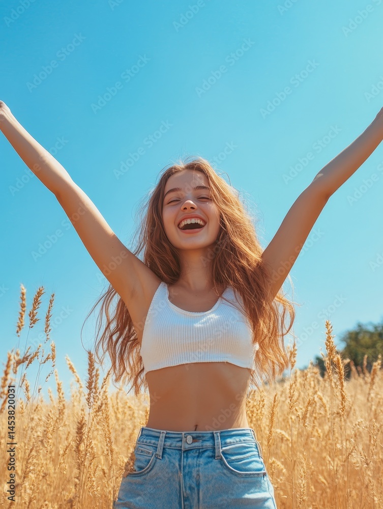 A cheerful woman poses amidst a sunlit wheat field, expressing happiness with arms wide open during the harvest season.