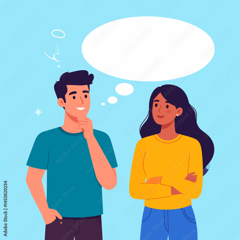 Man and woman thinking together with thought bubbles above them on a blue background expressing brainstorming and collaboration in a business environment Man and woman thinking together with thought bubbles above them on a blue background expressing brainstorming and collaboration in a business environment