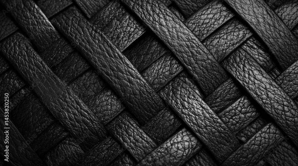 Close-up of intricate black leather weaving with a visible grain texture. Emphasizes the artistry and quality in this unique material.