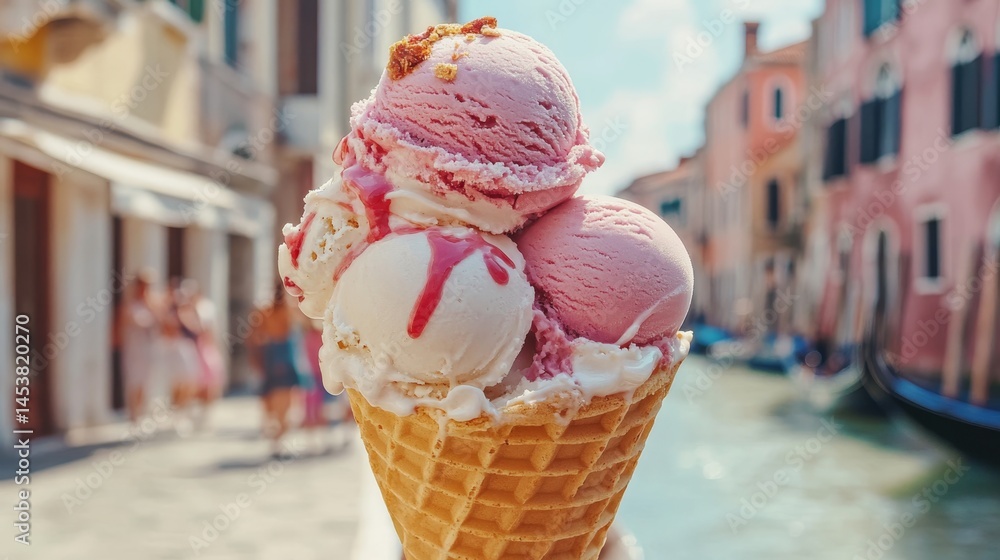 A large scoop of pink and white ice cream in a chocolate-dipped waffle cone, served on a busy street. The ice cream is topped with whipped cream and drizzled with a caramel sauce.